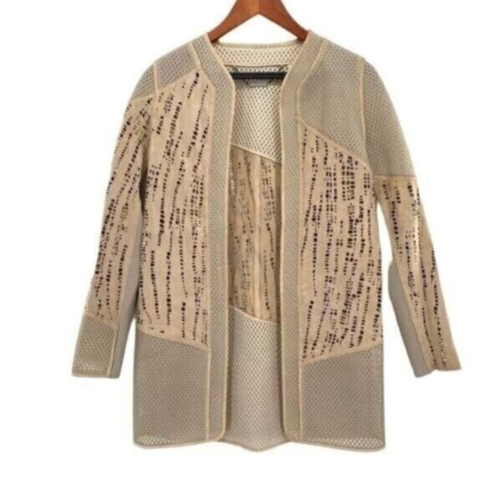 Elie Tahari Lamb Suede Leather Mesh Open Front Jacket